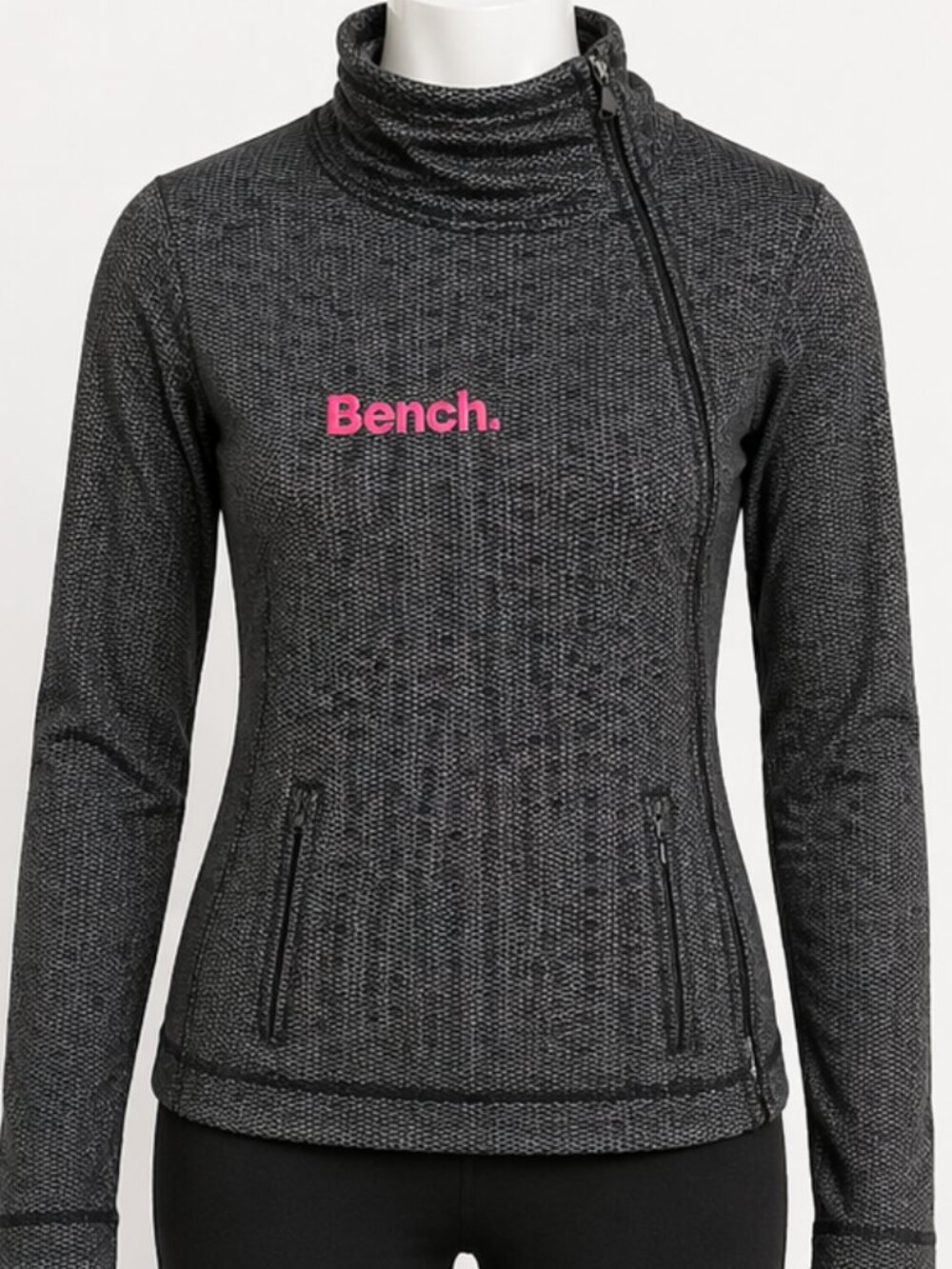 Bench Women’s Zip Jacket Black Grey Pattern Small (S) Pink Logo Athletic Casual